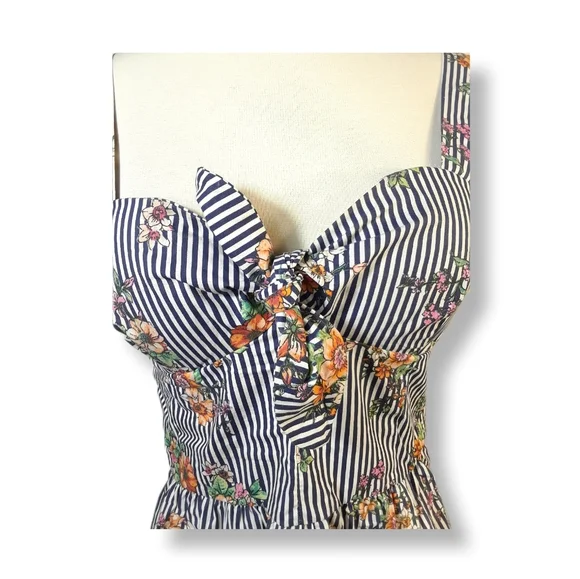 Iris Striped Tank Top Womens Fit & Flare Sleeveless Floral Bow Padded Low Cut-L - Picture 5 of 16